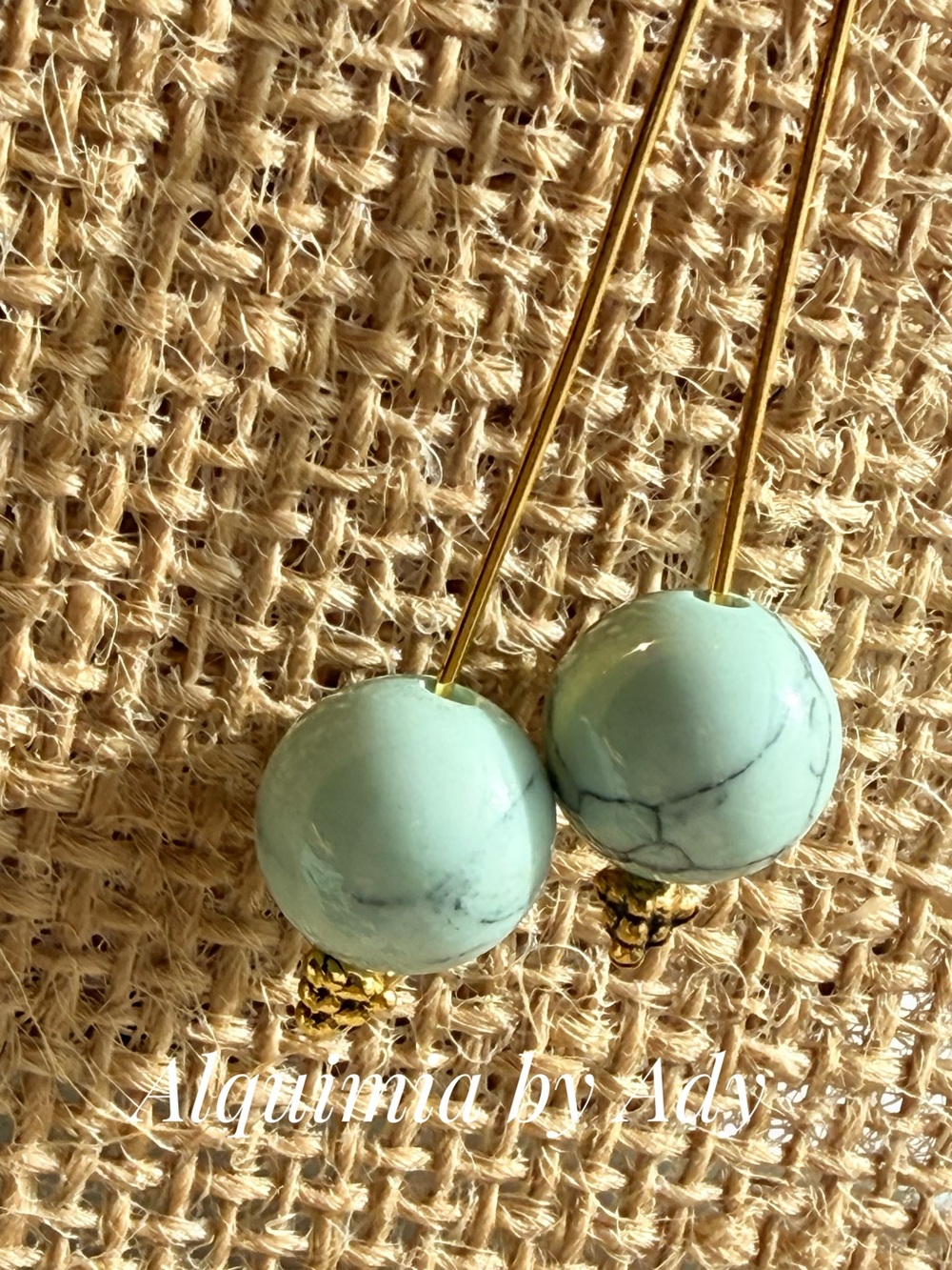 Turquoise and Gold Wire-Wrapped Drop Earrings + ribbon - Picture 2 of 3